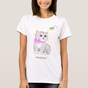 Camiseta Gatinho Atigrado Fofo & Passarinho