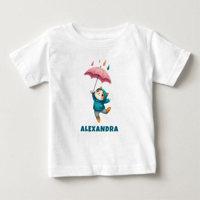 Camiseta Gatinho bonitinho com guarda-chuva dançando na chu (Frente)
