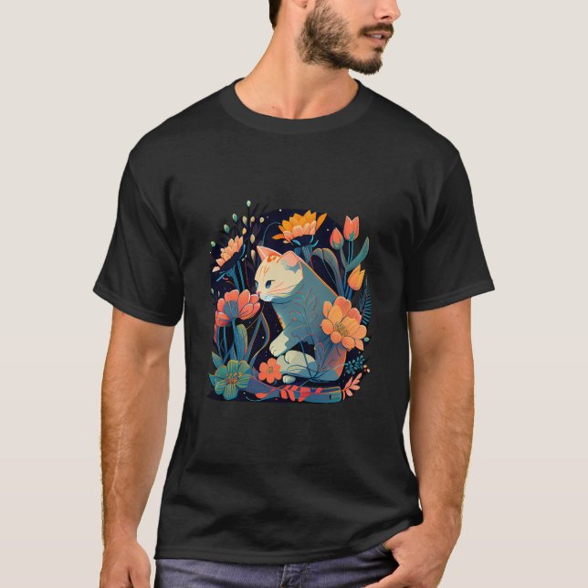 Camiseta Gatinho Bonito Em Um Jardim De Flor. (Frente)