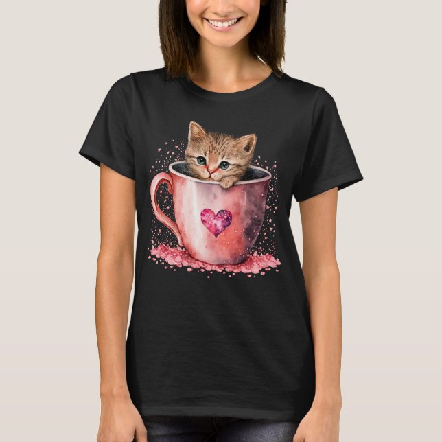 Camiseta Gatinho Bonito num Teacup com Corações (Frente)