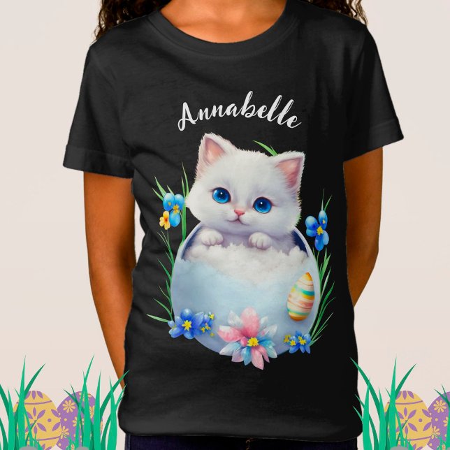 Camiseta Gatinho branco felz pascoa com flores (Criador carregado)