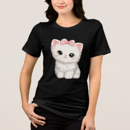 Camiseta Gatinho Branco Fofo com Laço Rosa