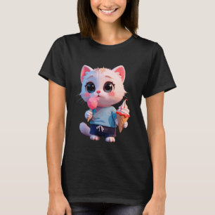 Camiseta Gatinho Branco Lollipop e Sorvete Lover Tee Cat Mã
