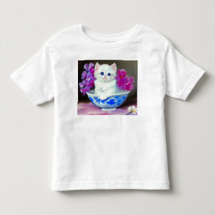 Camiseta Gatinho Branco Vintage com Flores Rosa 