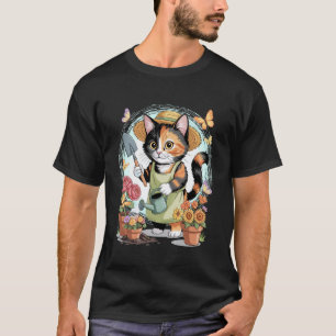 Camiseta Gatinho Calico Fofo Jardineiro com Regador e Flore