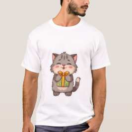 Camiseta Gatinho Cinza Kawaii Fofo Abraçando Caixa de Prese