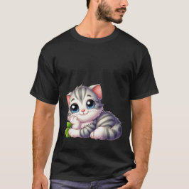 Camiseta Gatinho Cinza Kawaii Sonhador Olhos Azuis Gato 