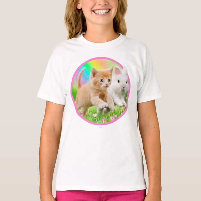 Camiseta Gatinho & coelho com arco-íris (Frente)