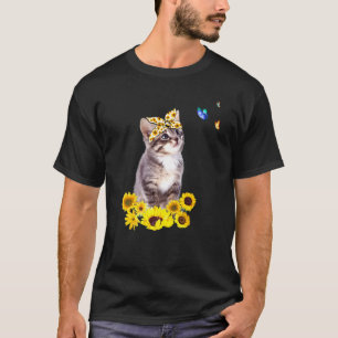 Camiseta Gatinho Com Borboleta De Girassol Cabeça De Girass