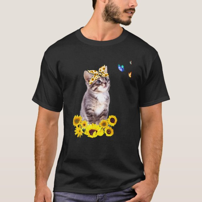 Camiseta Gatinho Com Borboleta De Girassol Cabeça De Girass (Frente)