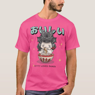 Camiseta gatinho com um capacete samurai comendo Rêmen japo