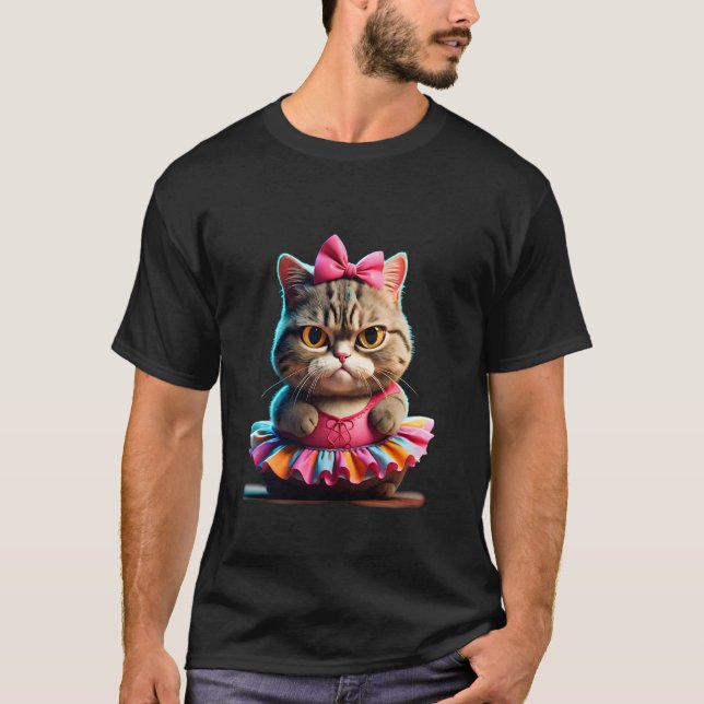 Camiseta Gatinho de ballet com barriga grande usando tutu. (Frente)