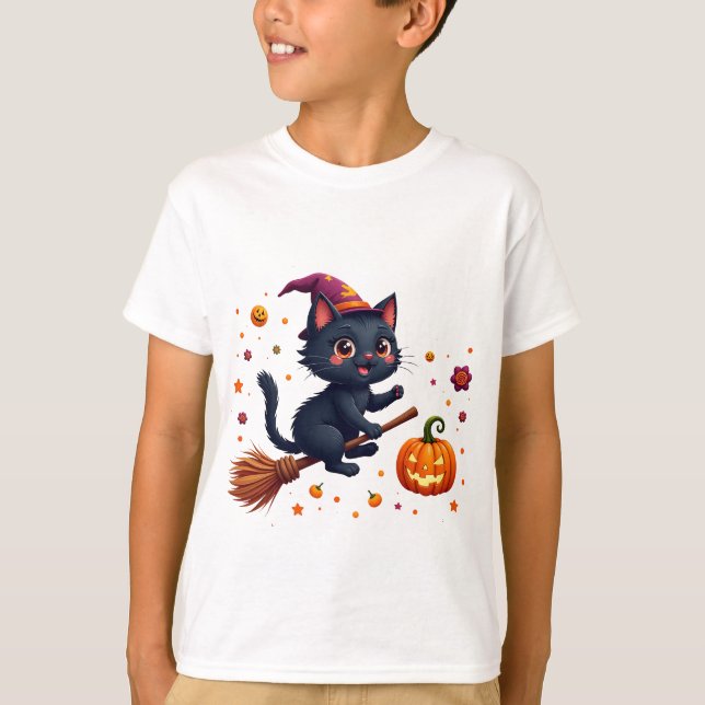 Camiseta Gatinho de Bruxa Fofa Montado em Vassoura Hallowee (Frente)