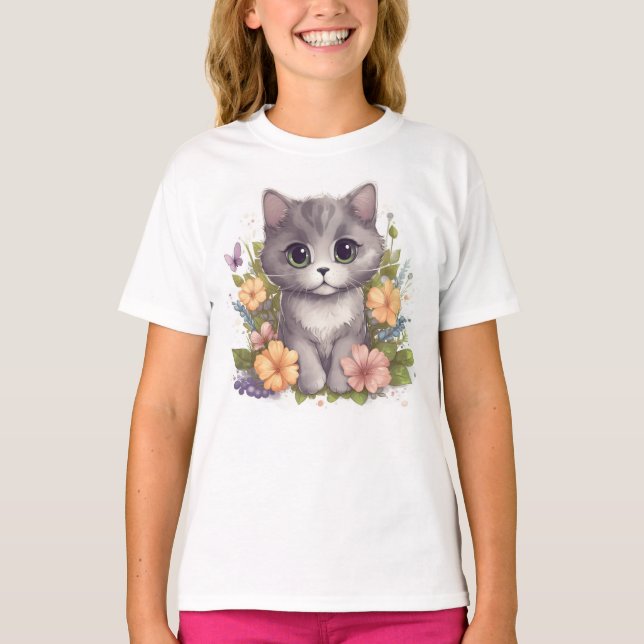 Camiseta Gatinho de Cinza Kawaii, bonito, com flores (Frente)