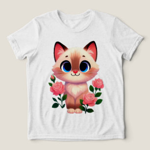 Camiseta Gatinho de Desenho Adorável Flor de Rosa Animal Fo