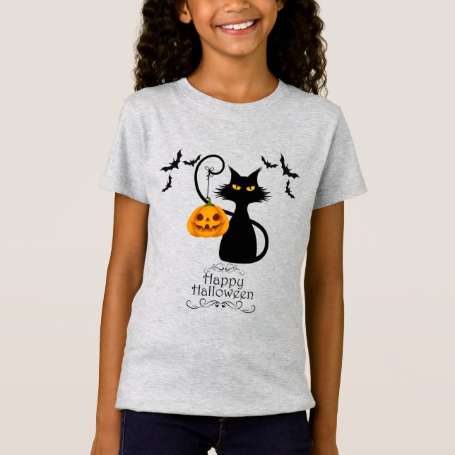 Camiseta Gatinho de Dia das Bruxas com Abóbora (Frente)