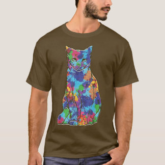 Camiseta Gatinho de Estilo de Arte Colorido com legal Aquar