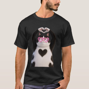 Camiseta Gatinho de gato preto legal óculos de coração verm
