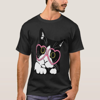 Camiseta Gatinho de gato preto legal óculos vermelhos coraç