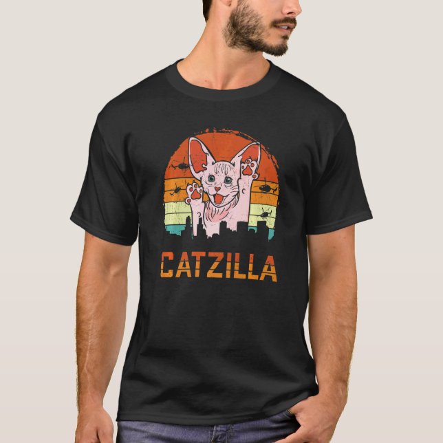 Camiseta Gatinho de gato Sphynx Catzilla Monstro Atacando C (Frente)