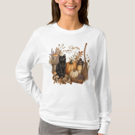Camiseta Gatinho de Halloween de Abóbora Floral de Outono F