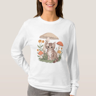 Camiseta Gatinho de mesa giro em cogumelo e floresta de flo