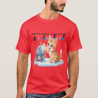 Camiseta Gatinho de Natal Fofo Brincando com Enfeite 