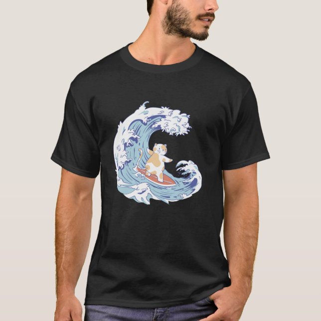 Camiseta Gatinho de ondas do oceano Surfer Cat Anime Animaç (Frente)