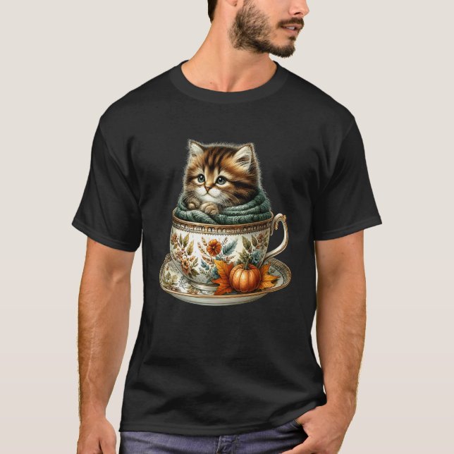 Camiseta Gatinho de Outono em Caneca de Café Floral Cacheco (Frente)