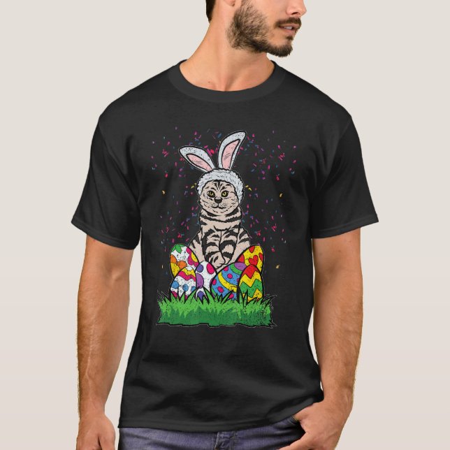 Camiseta Gatinho de Páscoa de Listras Orelhas de Coelho Caç (Frente)