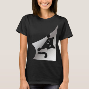 Camiseta Gatinho de Peeking Gato de Gatinho Preto Cinto
