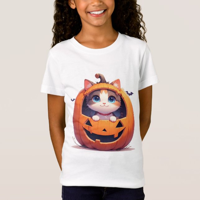 Camiseta Gatinho Dentro da Abóbora de Halloween 🎃 (Frente)