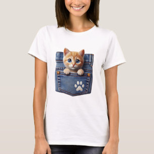 Camiseta Gatinho Dentro da Camisa-T das Mulheres Denim Pock