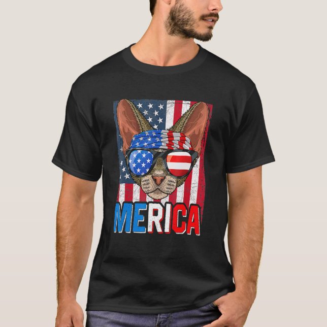 Camiseta Gatinho Devon Rex 4 De Julho  Bandeira Americana   (Frente)
