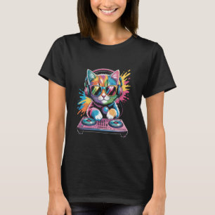 Camiseta Gatinho DJ nos toca-discos Música Rave de Sintetiz