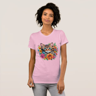 Camiseta Gatinho em Grinalda Floral Colorida