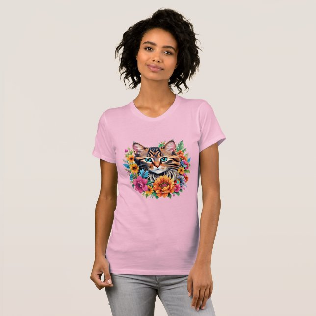 Camiseta Gatinho em Grinalda Floral Colorida (Frente Completa)