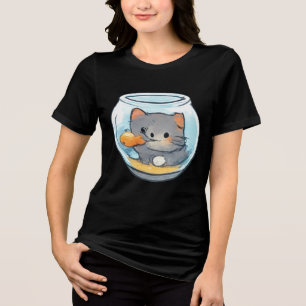 Camiseta Gatinho em Tigela de Peixes Fofos