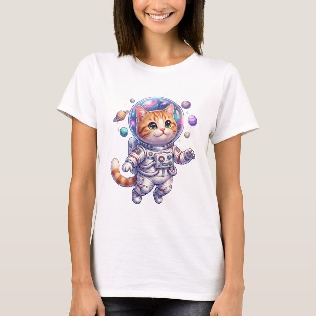 Camiseta Gatinho Espacial Laranja Fofo Astronauta com Plane (Frente)