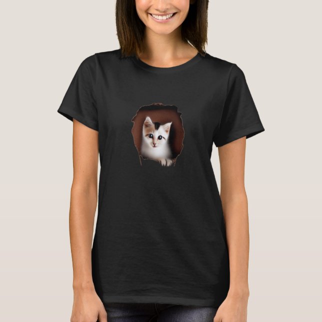 Camiseta Gatinho Espiar Parede Rachada Tecido Rasgado Nacio (Frente)