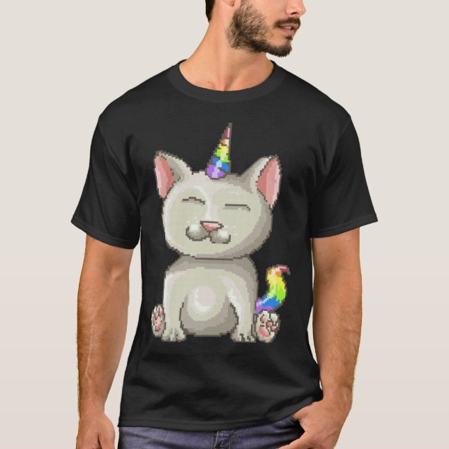 Camiseta Gatinho Feliz Pixel Arco-íris Gato Unicórnio (Frente)
