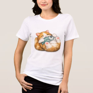 Camiseta Gatinho Fofo Abraçando Peixe Aquarela