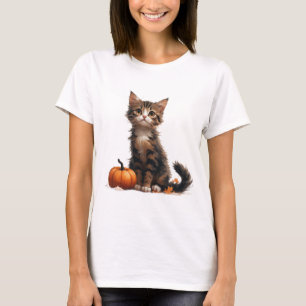Camiseta Gatinho Fofo ao Lado de Abóbora Halloween 🎃