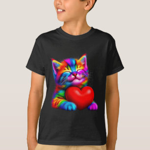 Camiseta Gatinho Fofo Arco-Íris Abraçando Coração de Valent