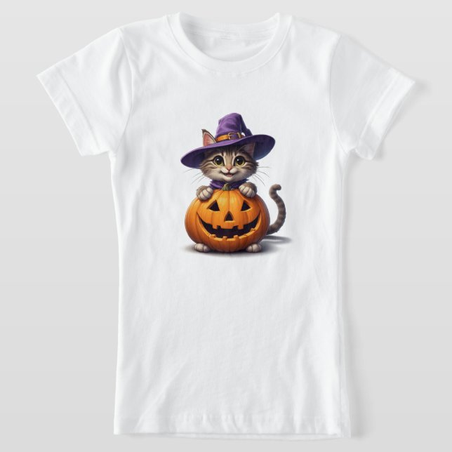 Camiseta Gatinho Fofo Com Chapéu de Bruxa e Abóbora 👻 (Postura )