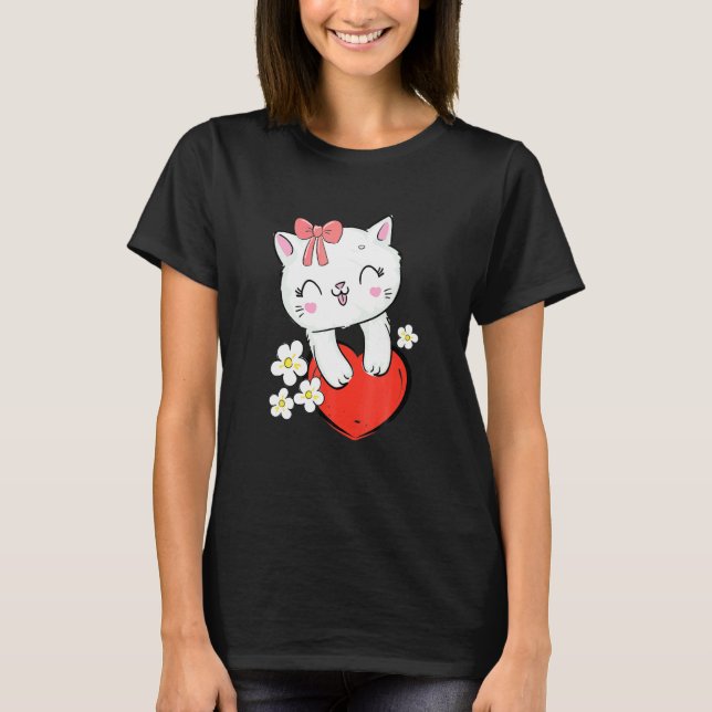 Camiseta Gatinho Fofo Com Laço Rosa E Coração (Frente)