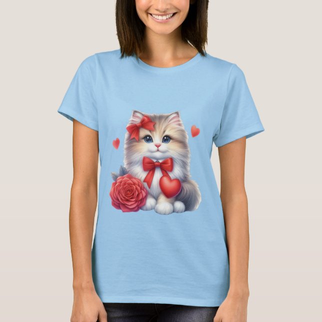 Camiseta Gatinho Fofo com Rosa Vermelha e Arte de Amor em C (Frente)