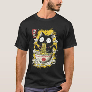 Camiseta Gatinho Fofo de Estilo de Arte Japonês Comendo Ram