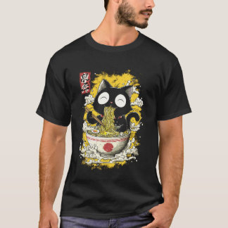 Camiseta Gatinho Fofo de Estilo de Arte Japonês Comendo Ram