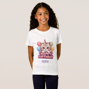 Camiseta Gatinho Fofo Garotinha de Aniversário Personalizad